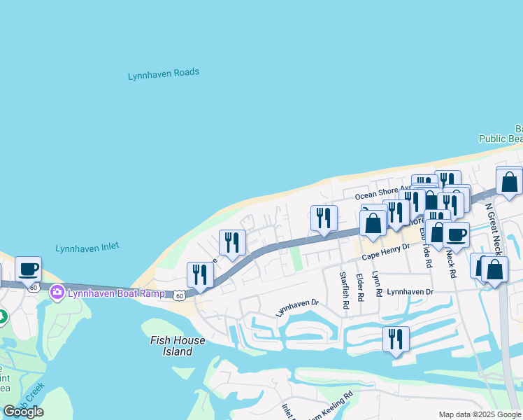 map of restaurants, bars, coffee shops, grocery stores, and more near 2315 Beach Castle Lane in Virginia Beach