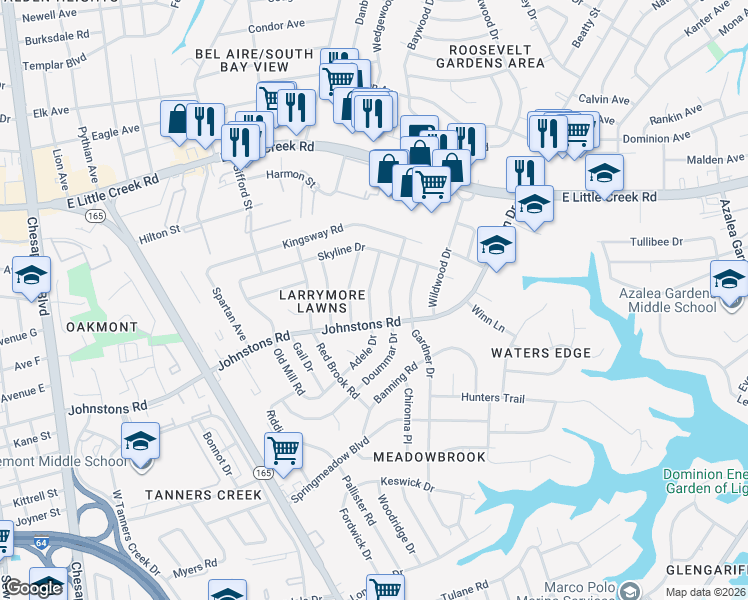 map of restaurants, bars, coffee shops, grocery stores, and more near 7412 Adele Drive in Norfolk