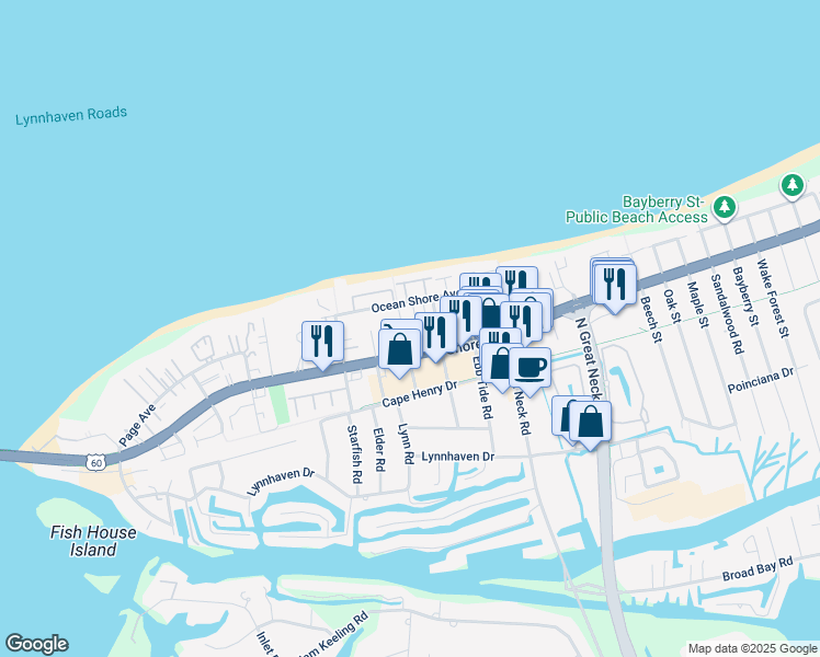 map of restaurants, bars, coffee shops, grocery stores, and more near 2329 Sea Shell Road in Virginia Beach