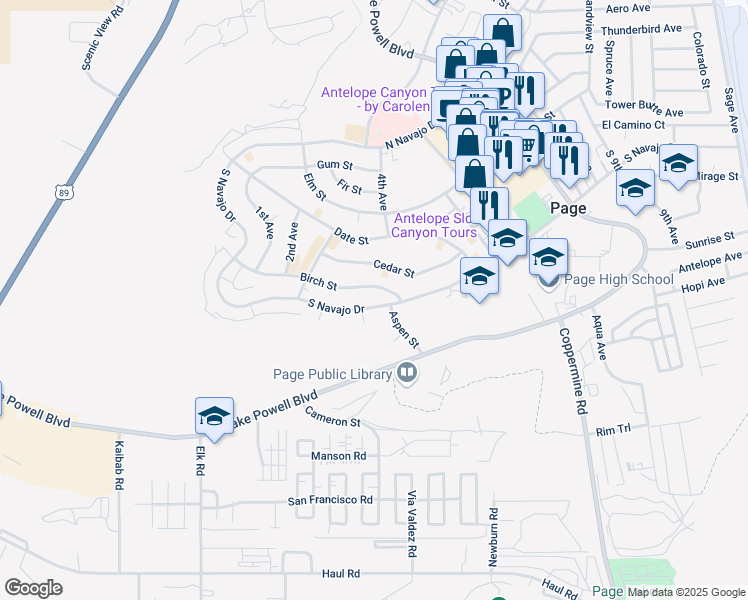 map of restaurants, bars, coffee shops, grocery stores, and more near 367 Birch Street in Page