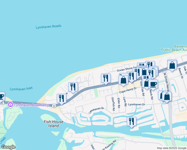 map of restaurants, bars, coffee shops, grocery stores, and more near 2312 Beach Haven Drive in Virginia Beach