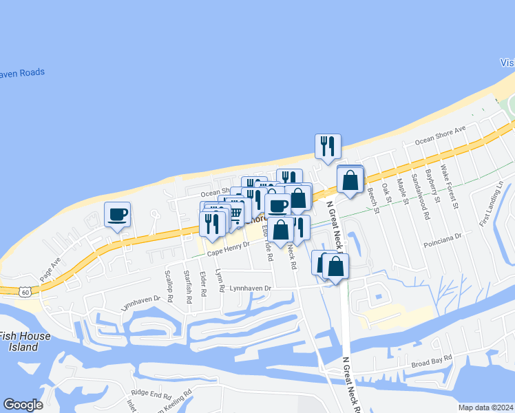 map of restaurants, bars, coffee shops, grocery stores, and more near 2901 Bente Way in Virginia Beach
