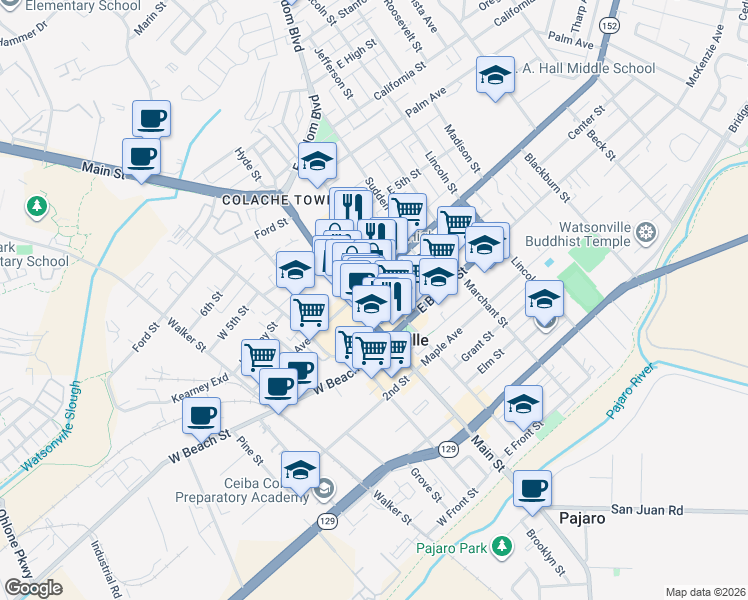 map of restaurants, bars, coffee shops, grocery stores, and more near in Watsonville