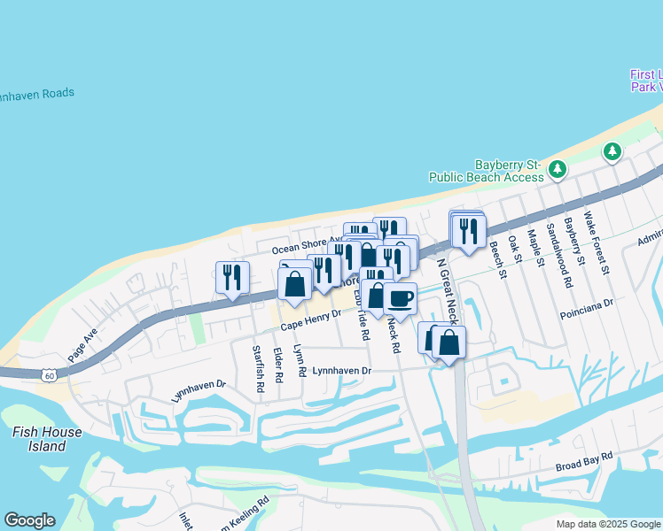 map of restaurants, bars, coffee shops, grocery stores, and more near 2312 Red Tide Road in Virginia Beach