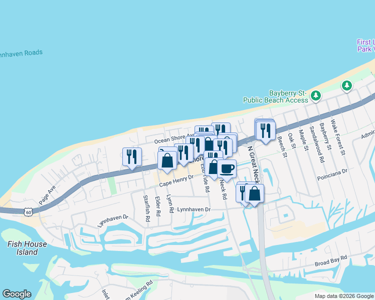 map of restaurants, bars, coffee shops, grocery stores, and more near 2329 Red Tide Road in Virginia Beach