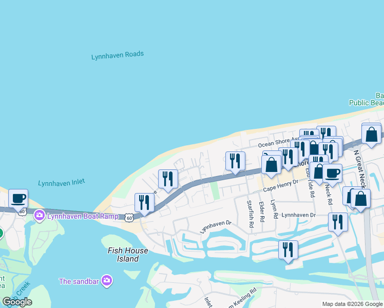 map of restaurants, bars, coffee shops, grocery stores, and more near 2329 Shore Sands Court in Virginia Beach
