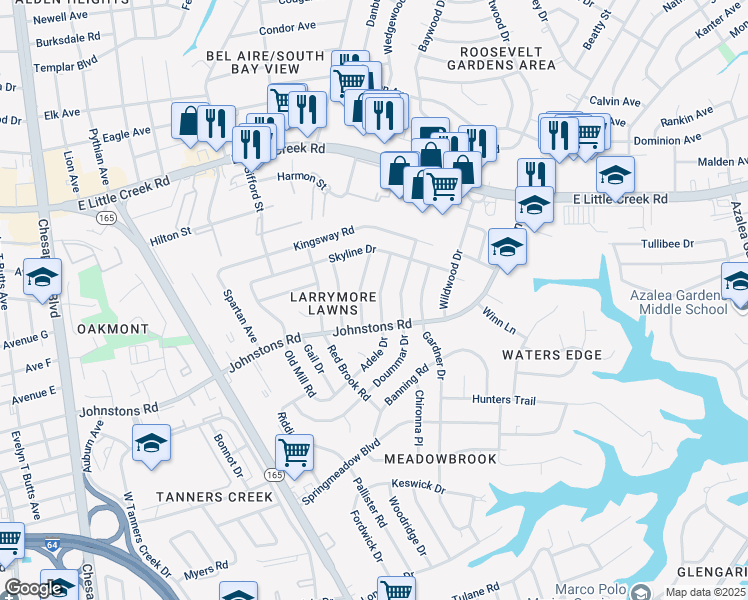 map of restaurants, bars, coffee shops, grocery stores, and more near 7420 Adele Drive in Norfolk