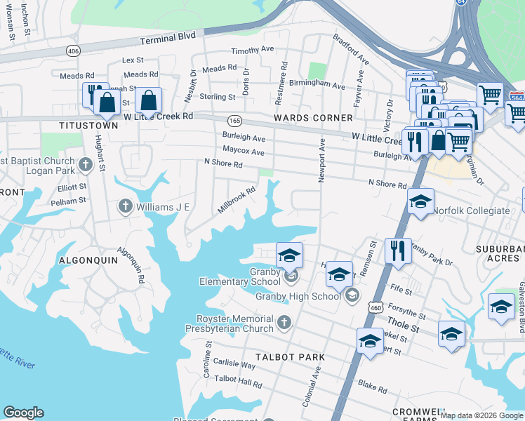 map of restaurants, bars, coffee shops, grocery stores, and more near 7440 De Creny Circle in Norfolk