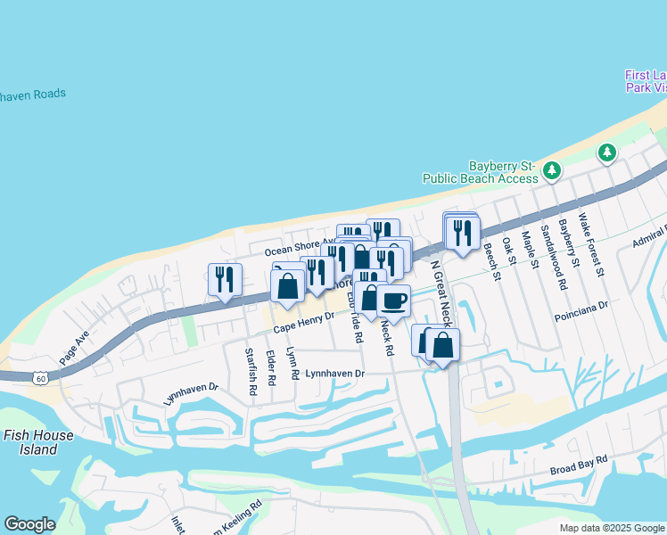 map of restaurants, bars, coffee shops, grocery stores, and more near 2910 Bente Way in Virginia Beach
