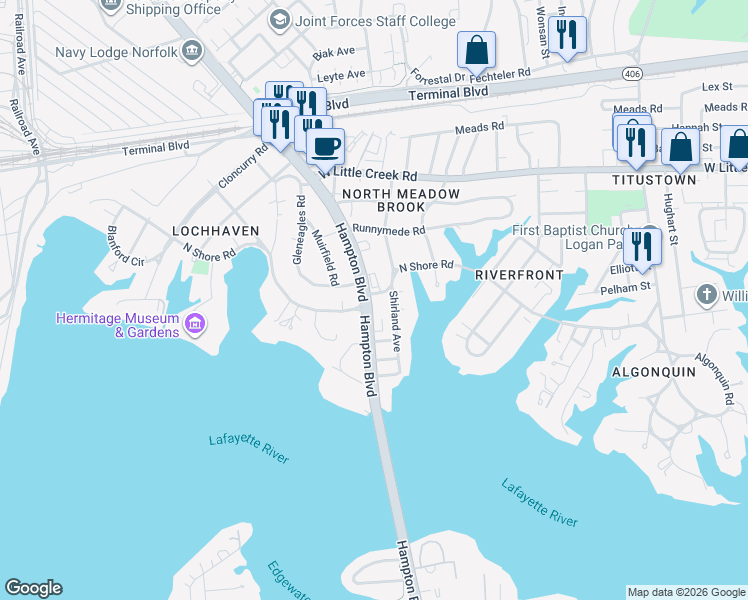 map of restaurants, bars, coffee shops, grocery stores, and more near 7340 Hampton Boulevard in Norfolk
