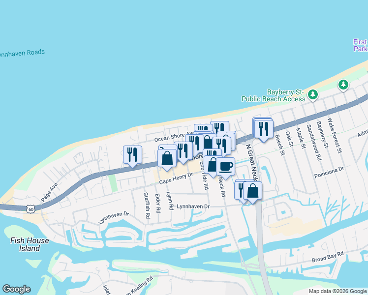 map of restaurants, bars, coffee shops, grocery stores, and more near 2329 Red Tide Road in Virginia Beach