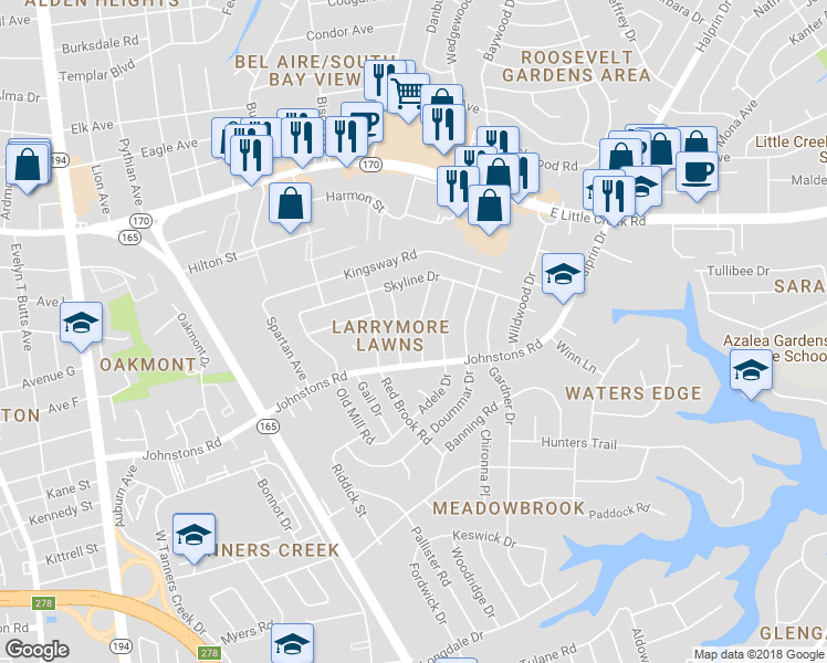 map of restaurants, bars, coffee shops, grocery stores, and more near 7417 Patrician Road in Norfolk