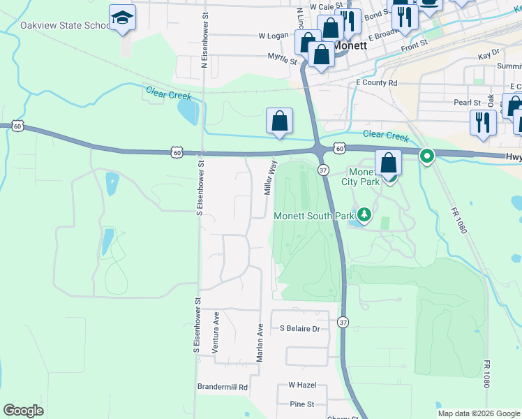 map of restaurants, bars, coffee shops, grocery stores, and more near 101-215 Northgate Ave in Monett