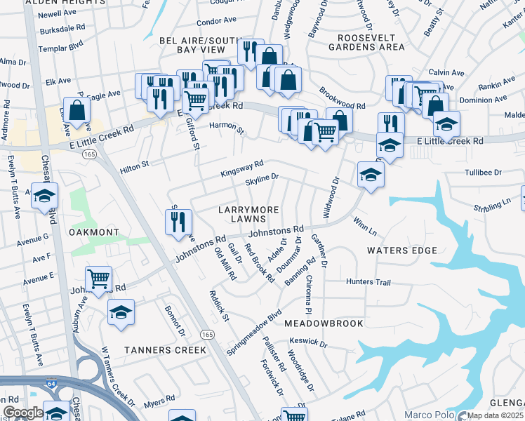 map of restaurants, bars, coffee shops, grocery stores, and more near 7417 Patrician Road in Norfolk
