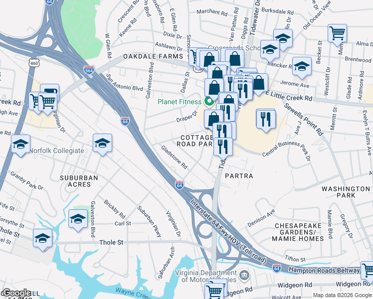 map of restaurants, bars, coffee shops, grocery stores, and more near 505 Astor Circle in Norfolk