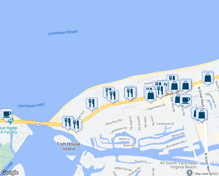 map of restaurants, bars, coffee shops, grocery stores, and more near 2317 Shore Sands Court in Virginia Beach