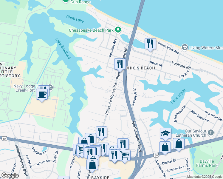 map of restaurants, bars, coffee shops, grocery stores, and more near 2429 Tranquility Lane in Virginia Beach