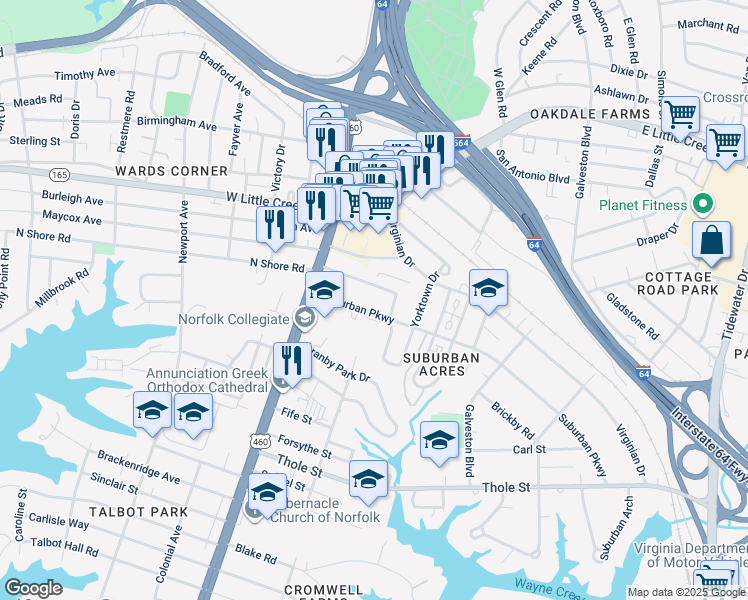 map of restaurants, bars, coffee shops, grocery stores, and more near 110 Suburban Parkway in Norfolk