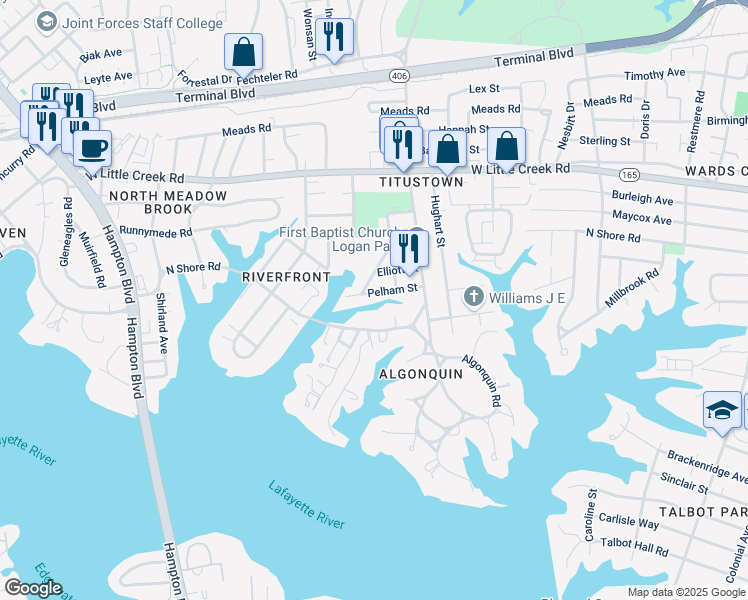 map of restaurants, bars, coffee shops, grocery stores, and more near 7431 Dakota Street in Norfolk