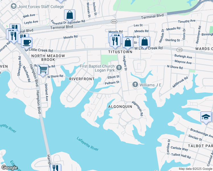 map of restaurants, bars, coffee shops, grocery stores, and more near 7431 Dakota Street in Norfolk