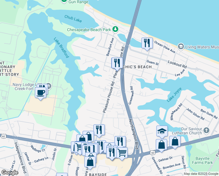 map of restaurants, bars, coffee shops, grocery stores, and more near 4815 Bay Winds Court in Virginia Beach