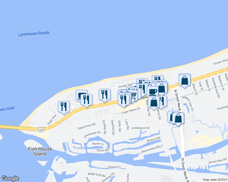 map of restaurants, bars, coffee shops, grocery stores, and more near 3001 Ocean Shore Avenue in Virginia Beach
