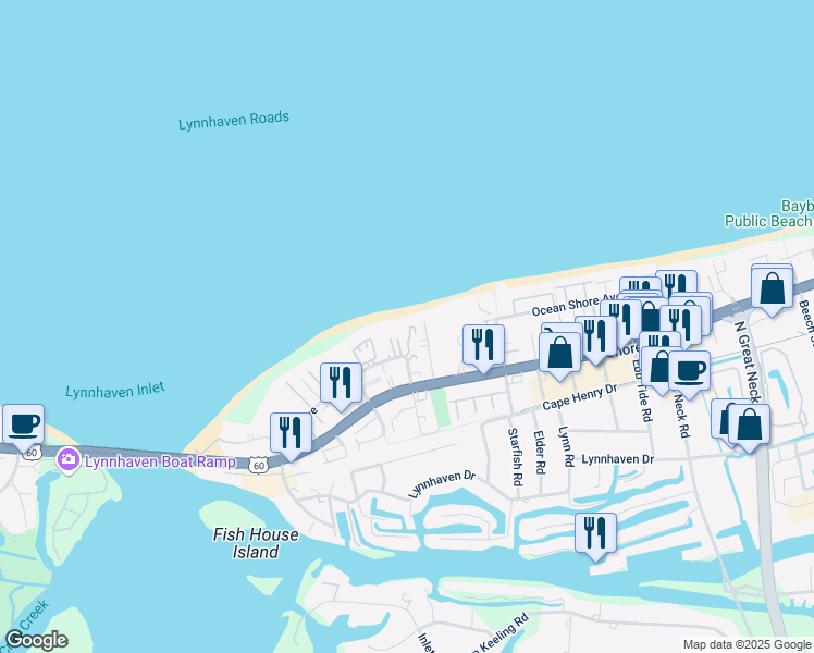 map of restaurants, bars, coffee shops, grocery stores, and more near 2317 Shore Sands Court in Virginia Beach