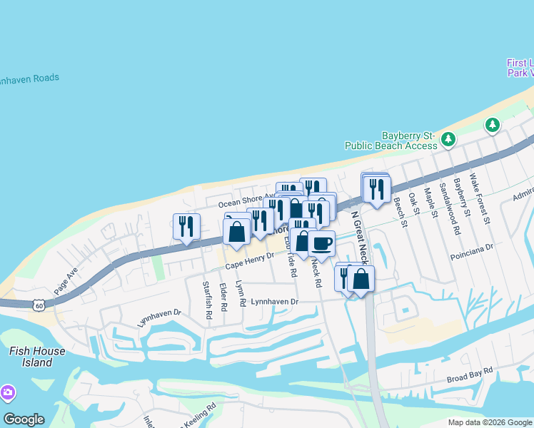 map of restaurants, bars, coffee shops, grocery stores, and more near 2329 Red Tide Road in Virginia Beach