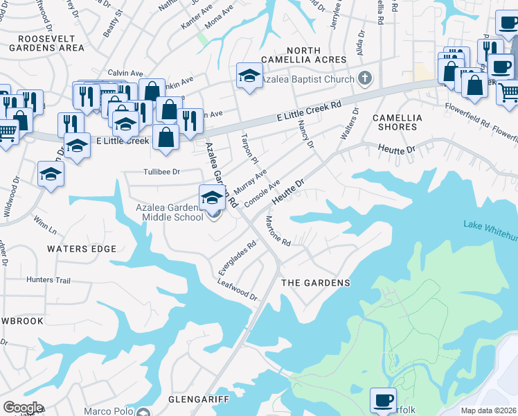 map of restaurants, bars, coffee shops, grocery stores, and more near 2521 Console Avenue in Norfolk
