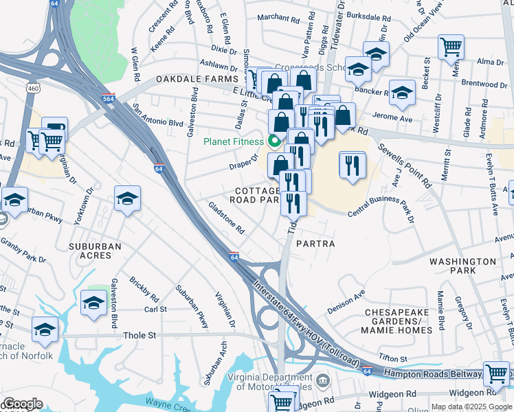 map of restaurants, bars, coffee shops, grocery stores, and more near 517 Astor Circle in Norfolk