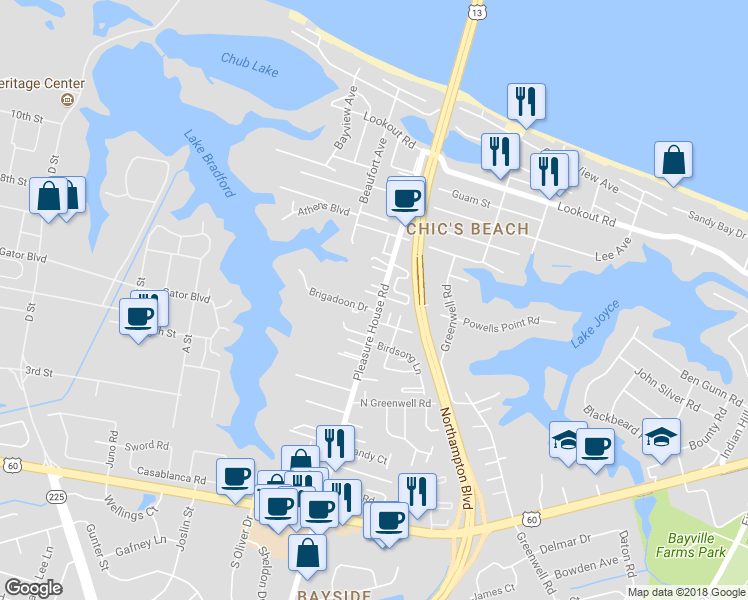 map of restaurants, bars, coffee shops, grocery stores, and more near 4825 Bay Winds Court in Virginia Beach