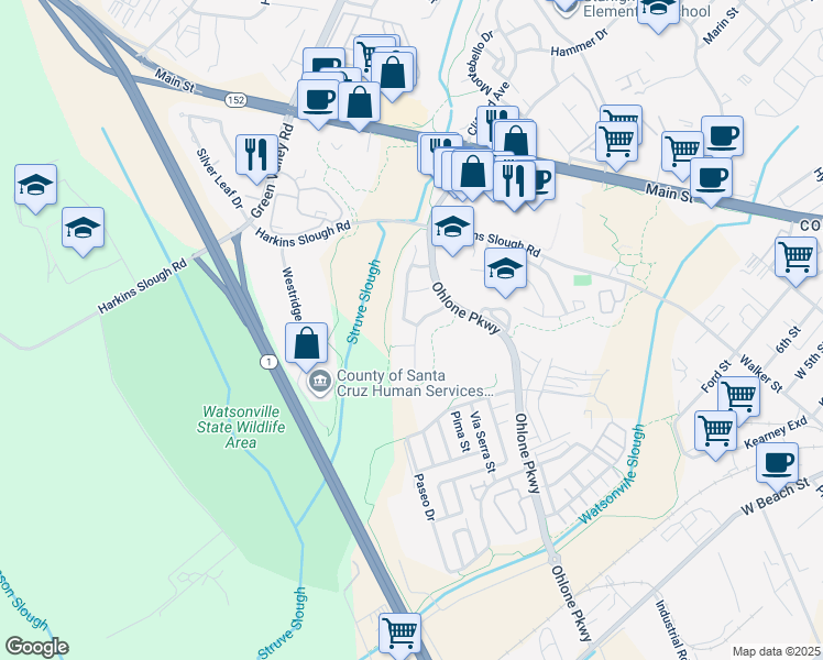 map of restaurants, bars, coffee shops, grocery stores, and more near 3 Pelican Drive in Watsonville