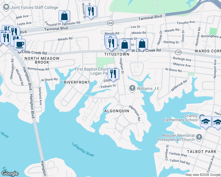 map of restaurants, bars, coffee shops, grocery stores, and more near 1125 Pelham Street in Norfolk