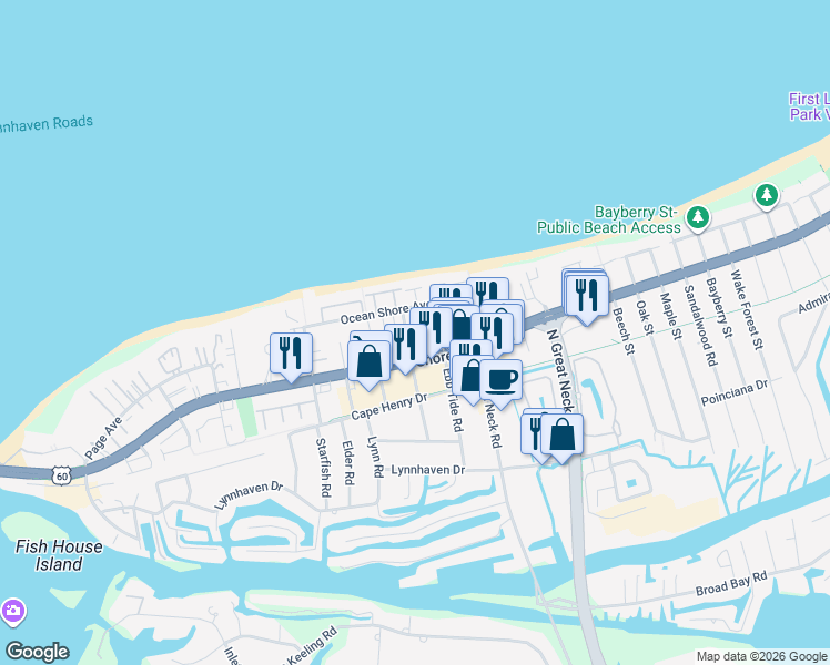 map of restaurants, bars, coffee shops, grocery stores, and more near 2329 Red Tide Road in Virginia Beach