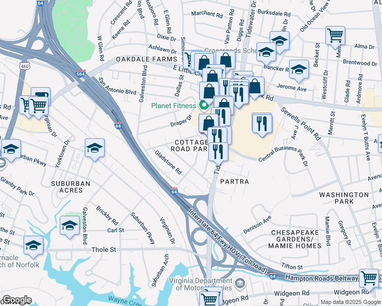 map of restaurants, bars, coffee shops, grocery stores, and more near 517 Astor Circle in Norfolk