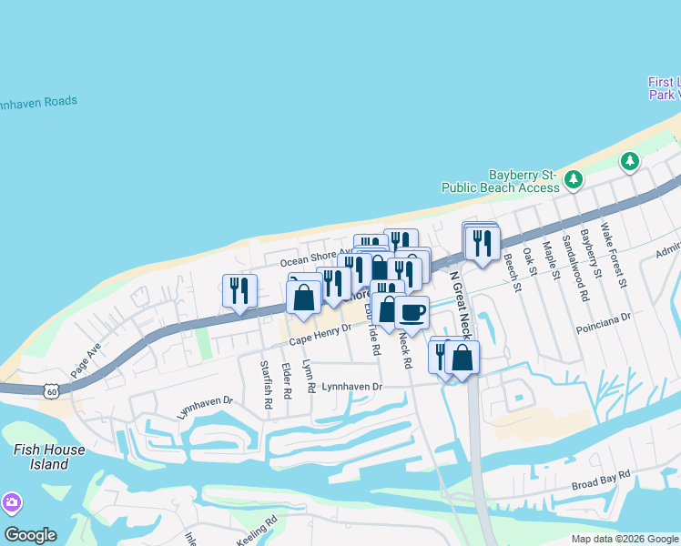 map of restaurants, bars, coffee shops, grocery stores, and more near 2329 Red Tide Road in Virginia Beach