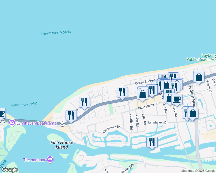 map of restaurants, bars, coffee shops, grocery stores, and more near 3100 Shore Drive in Virginia Beach