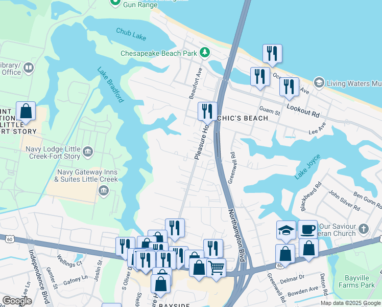 map of restaurants, bars, coffee shops, grocery stores, and more near 4827 Bay Winds Court in Virginia Beach