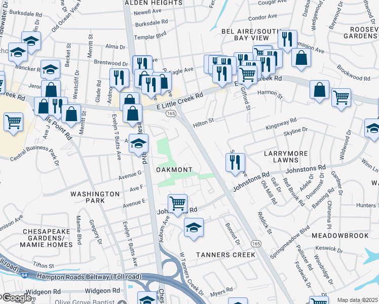 map of restaurants, bars, coffee shops, grocery stores, and more near 7443 Oakmont Drive in Norfolk