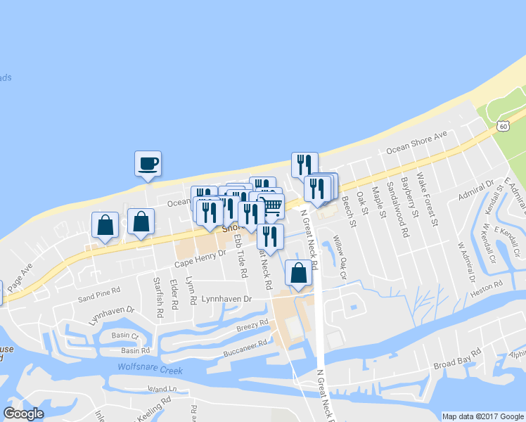 map of restaurants, bars, coffee shops, grocery stores, and more near 2876 Shore Dr in Virginia Beach