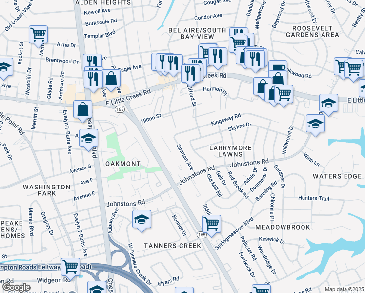 map of restaurants, bars, coffee shops, grocery stores, and more near 7428 Spartan Avenue in Norfolk
