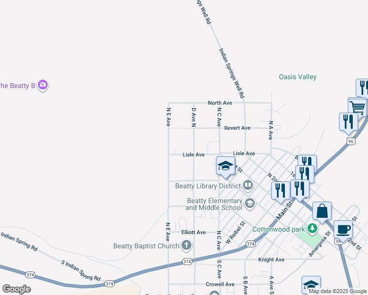map of restaurants, bars, coffee shops, grocery stores, and more near 1551 Lisle Avenue in Beatty