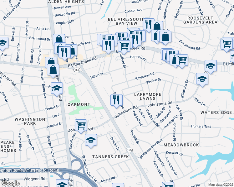 map of restaurants, bars, coffee shops, grocery stores, and more near 7428 Spartan Avenue in Norfolk
