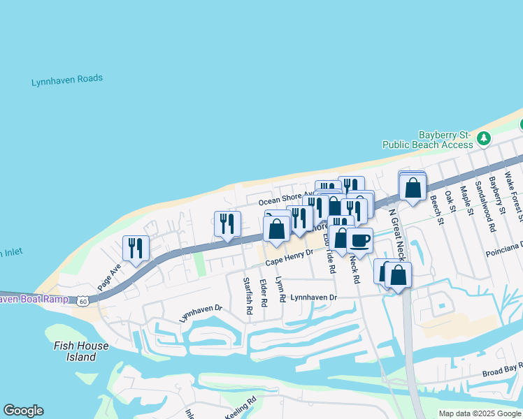 map of restaurants, bars, coffee shops, grocery stores, and more near 2325 Sea Shell Road in Virginia Beach