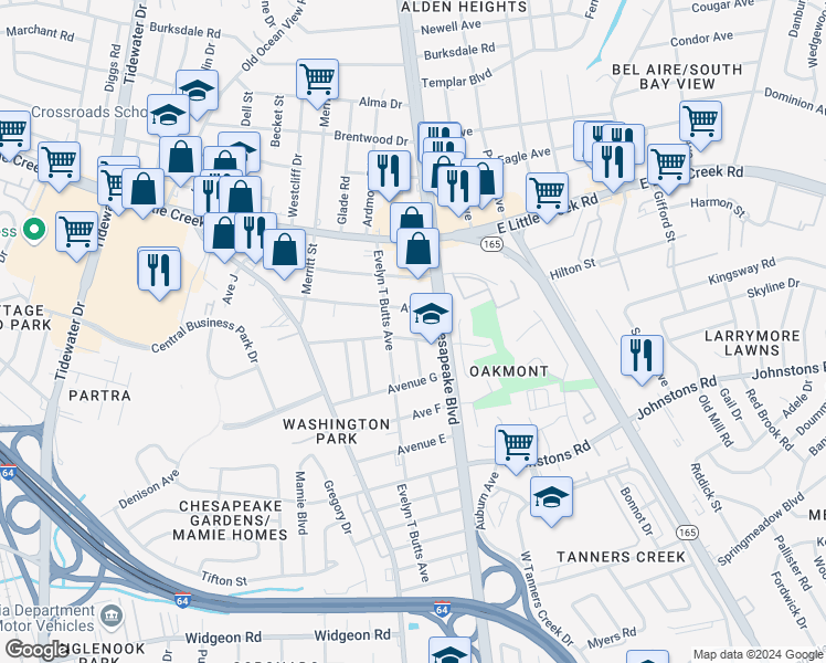 map of restaurants, bars, coffee shops, grocery stores, and more near 1018 Avenue H in Norfolk