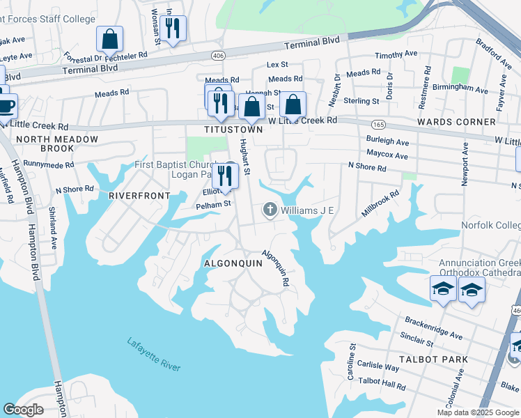 map of restaurants, bars, coffee shops, grocery stores, and more near 1043 Willingham Street in Norfolk