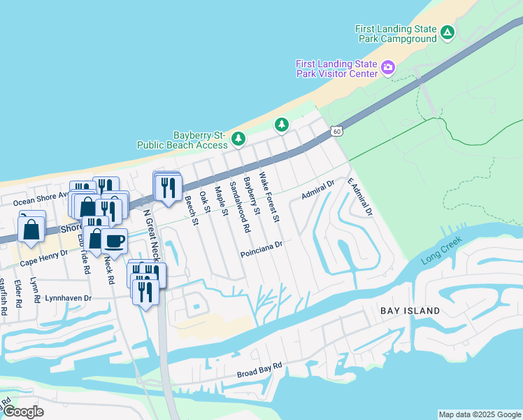 map of restaurants, bars, coffee shops, grocery stores, and more near 2220 Bayberry Street in Virginia Beach