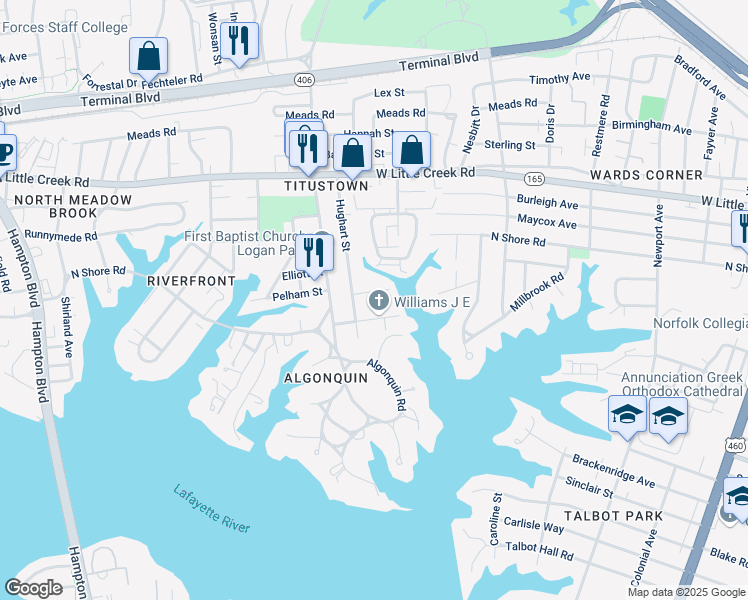 map of restaurants, bars, coffee shops, grocery stores, and more near 1035 Willingham Street in Norfolk