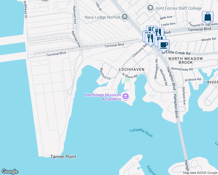 map of restaurants, bars, coffee shops, grocery stores, and more near 1702 Cloncurry Road in Norfolk