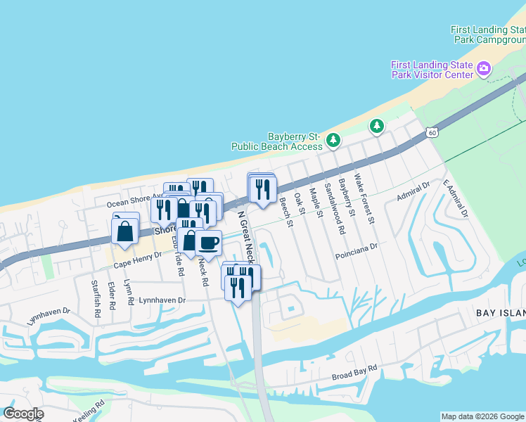 map of restaurants, bars, coffee shops, grocery stores, and more near Cape Henry Drive in Virginia Beach